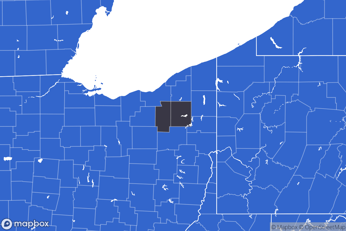 A map of the Akron Metro Area showing the counties in the area.