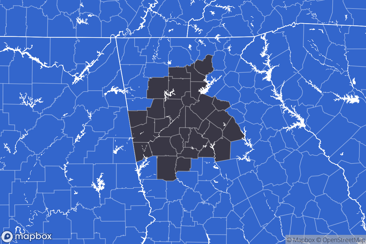 A map of the Atlanta Metro Area showing the counties in the area.