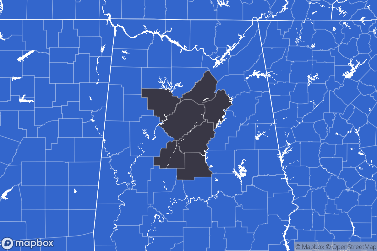 A map of the Birmingham Metro Area showing the counties in the area.