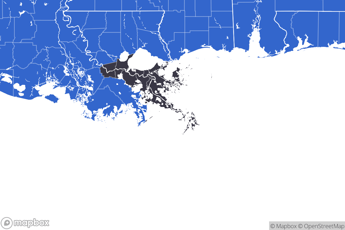 A map of the New Orleans Metro Area showing the counties in the area.