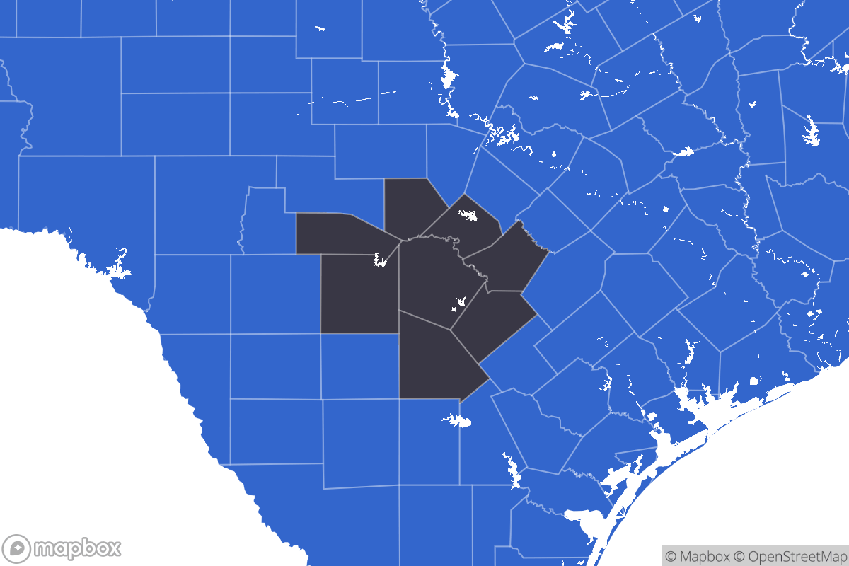 A map of the San Antonio Metro Area showing the counties in the area.