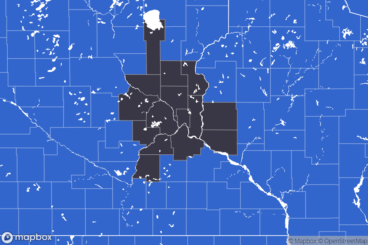 A map of the Twin Cities Metro Area showing the counties in the area.