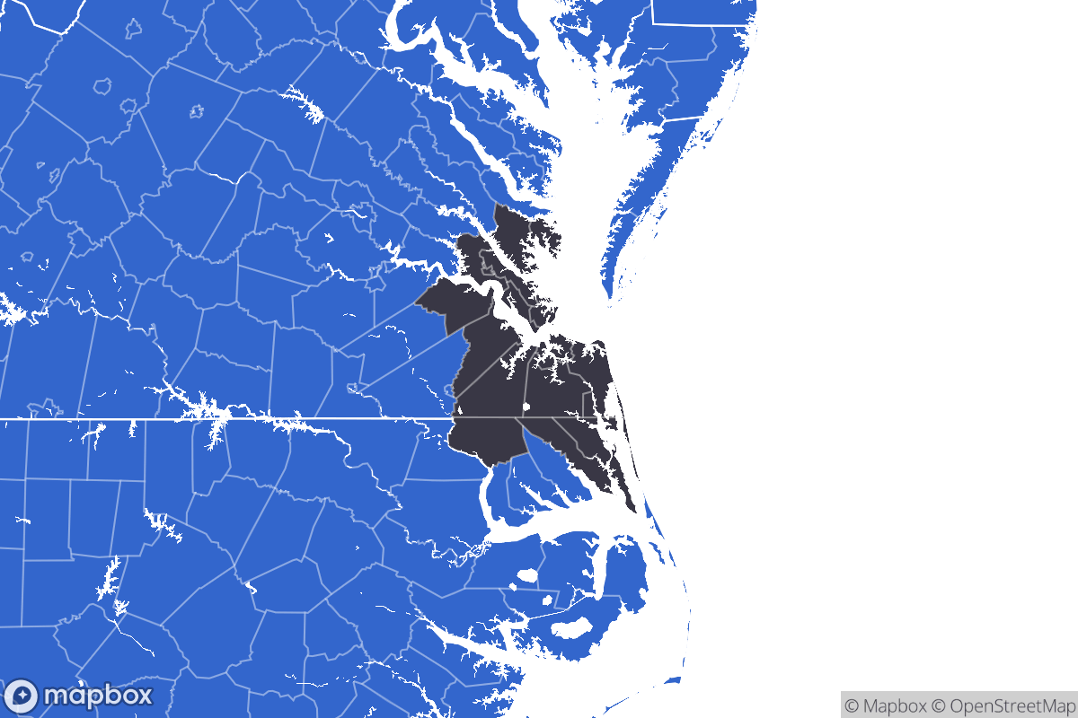 A map of the Virginia Beach Metro Area showing the counties in the area.
